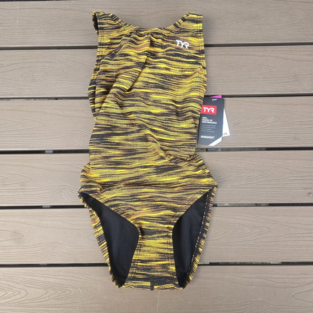 TYR Youth Girl's Durafast Elite Fizzy  Black/gold One Piece Swimsuit Sz 26 New